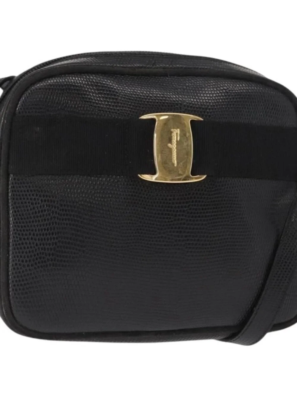 Salvatore Ferragamo Vala Shoulder Bag Leather Black Gold Auth gh1483